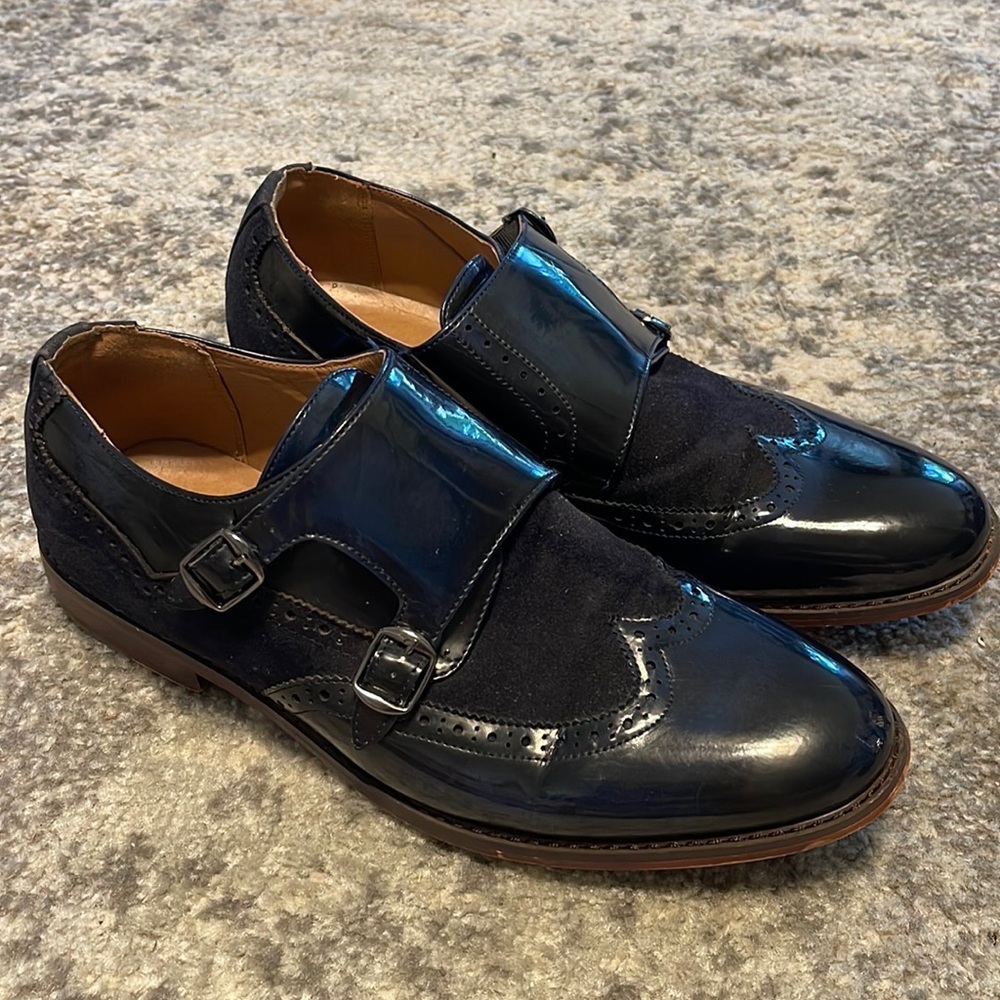 Mens Drexlite Monkstrap Wingtip Shoes Cobalt Blue Leather and Suede Size: 10.5